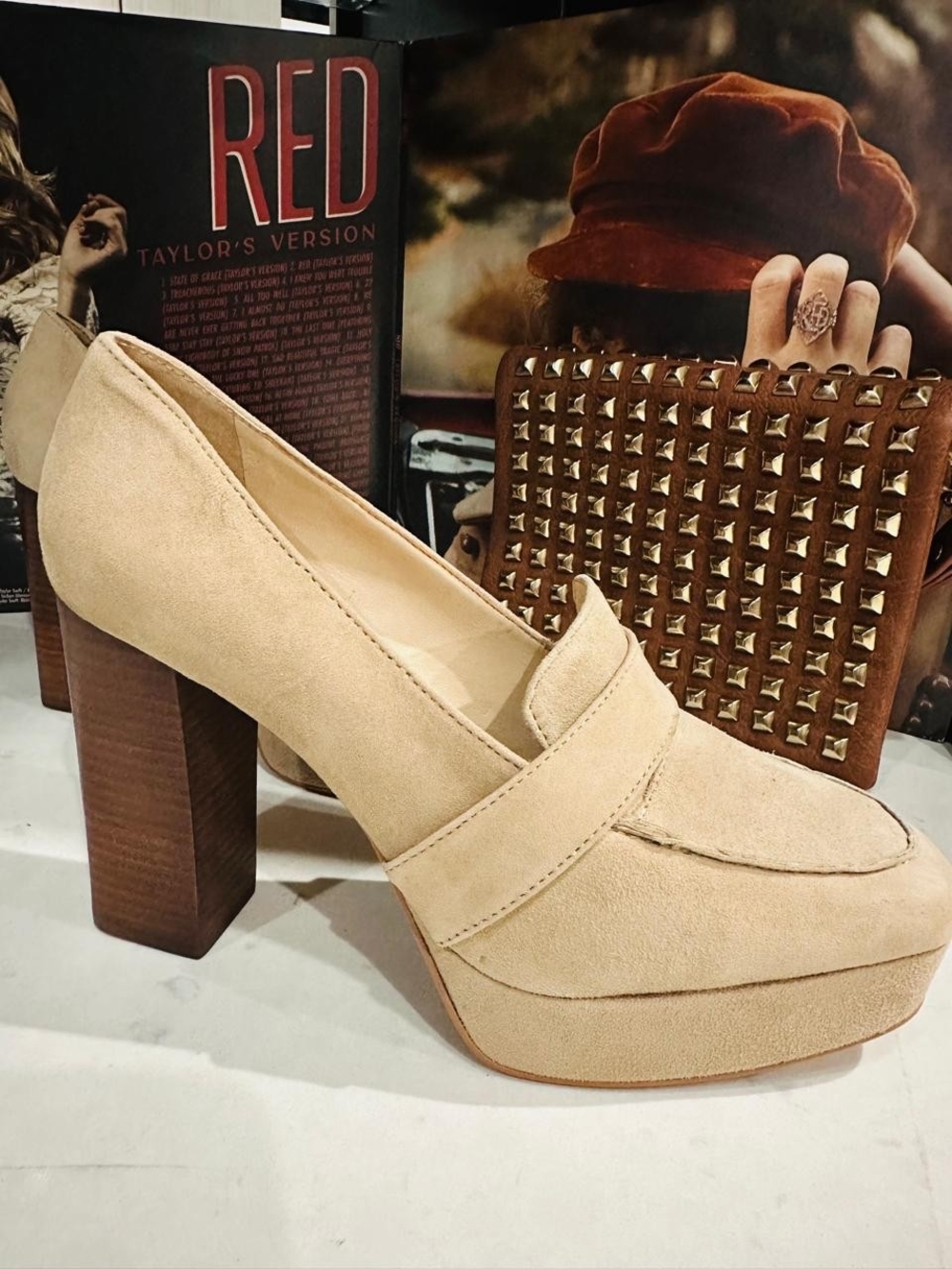 🔥 
Vince Camuto Mebrana Platform Pumps Tan Beige Suede Chunky Heel Size 8
